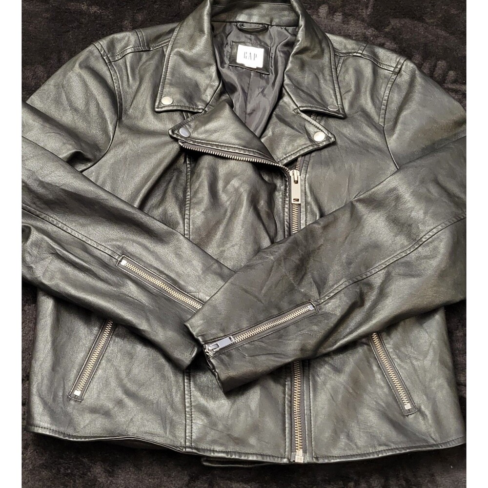 Woman's Gap Faux Leather Moto Jacket Black Size XL Zippers Pockets